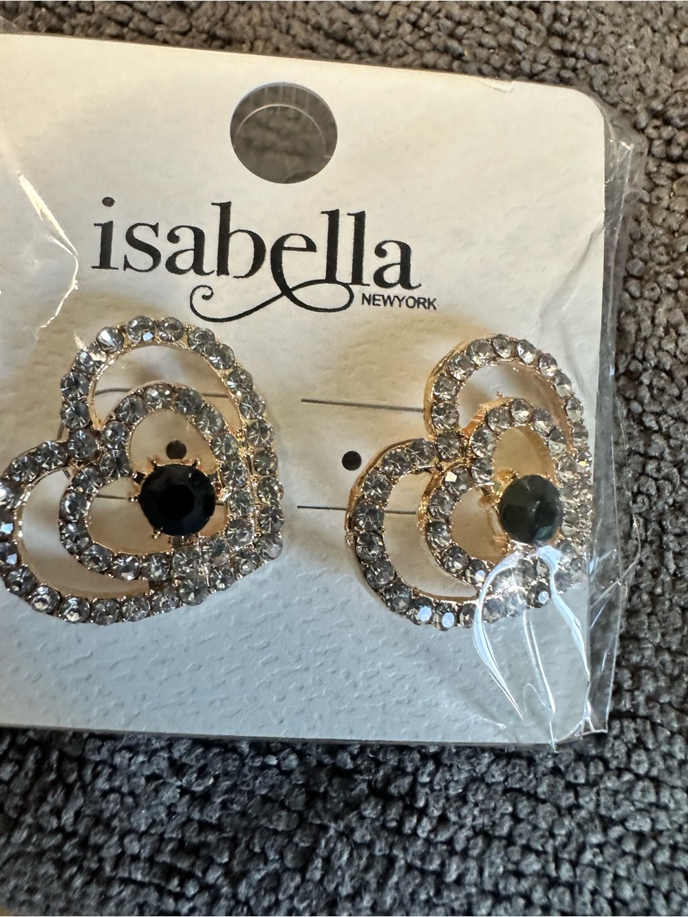 Gold Heart Earrings with Black Crystal Center